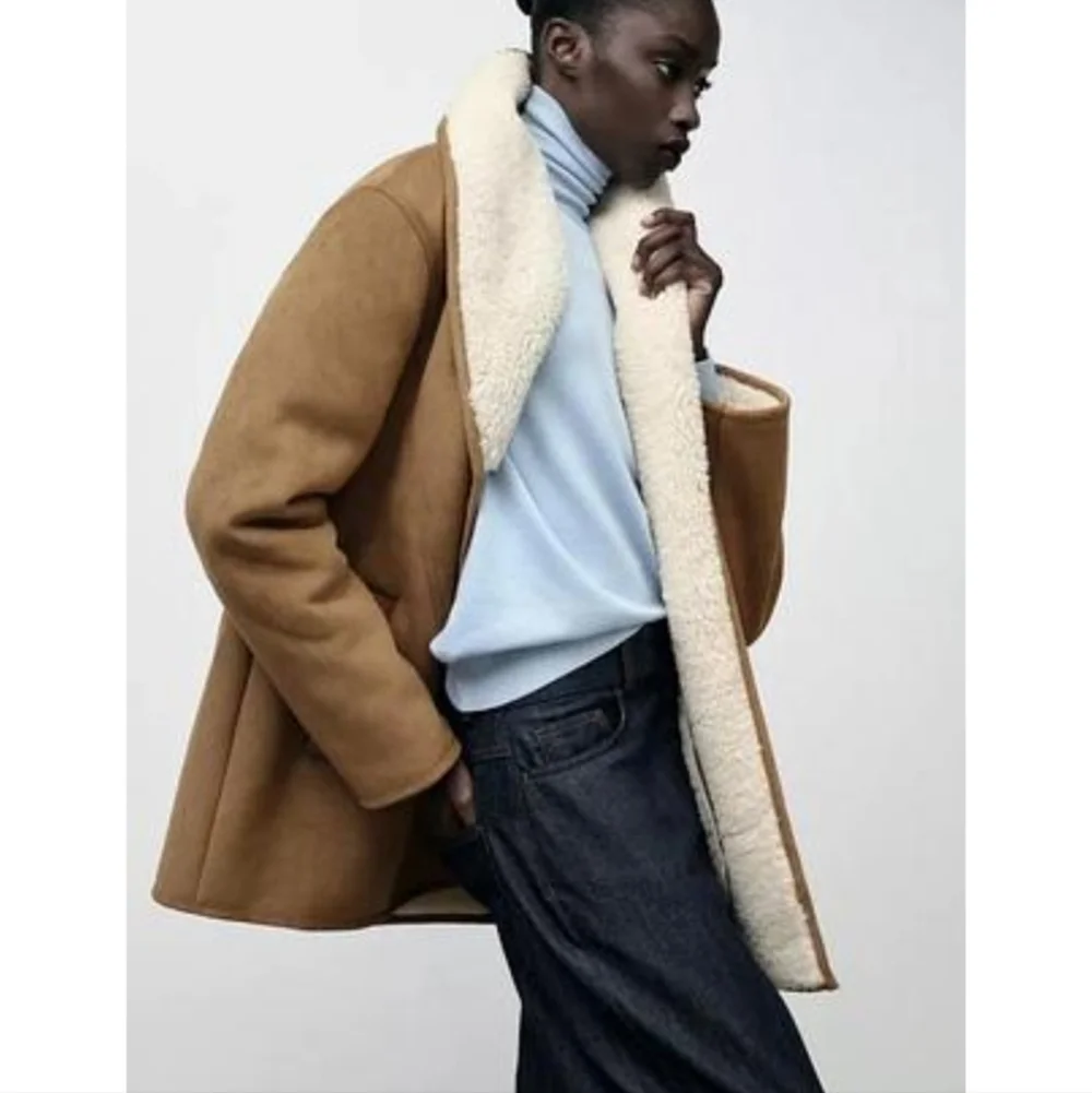 New Zara Double-Faced Semi-Long Front Button Lapel Collar Camel Coat/Jacket XS